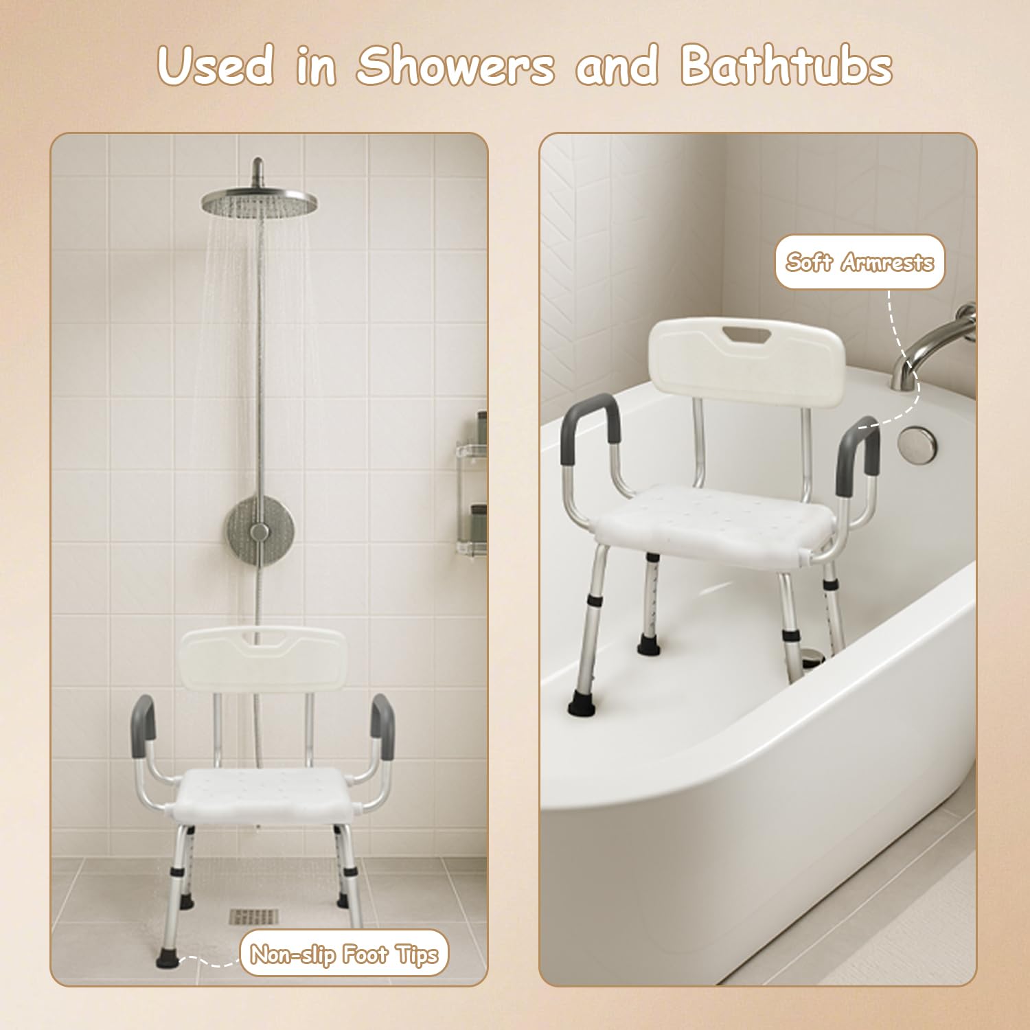 Asientos de ducha extra anchos de 61 cm para adultos con brazos y respaldo | Sillas de baño semipremontadas para personas mayores o personas grandes y altas, capacidad de peso de 150 kg.