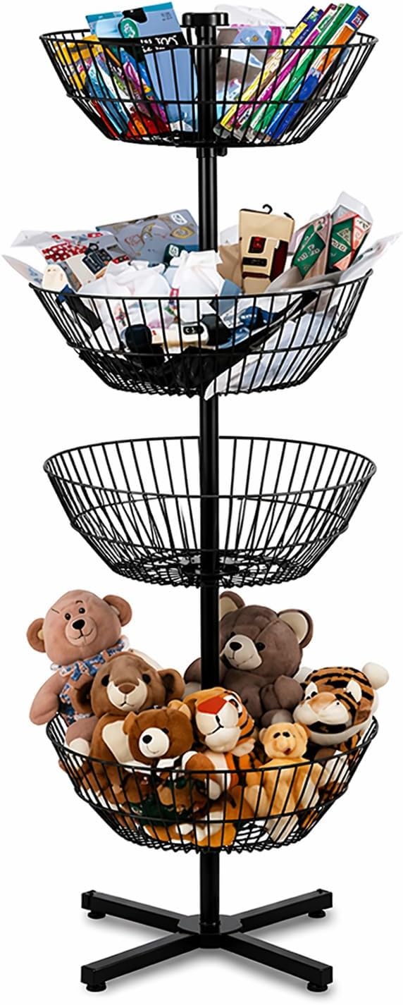 STEELAID 4 Tier Rotating Wire Basket Display Stand Dump Bin, Heavy Duty Metal Floor Merchandising Rack for Candy Snacks Chips Toys Drinks, Spinner Retail Organizer with Stable Cross Base, Black