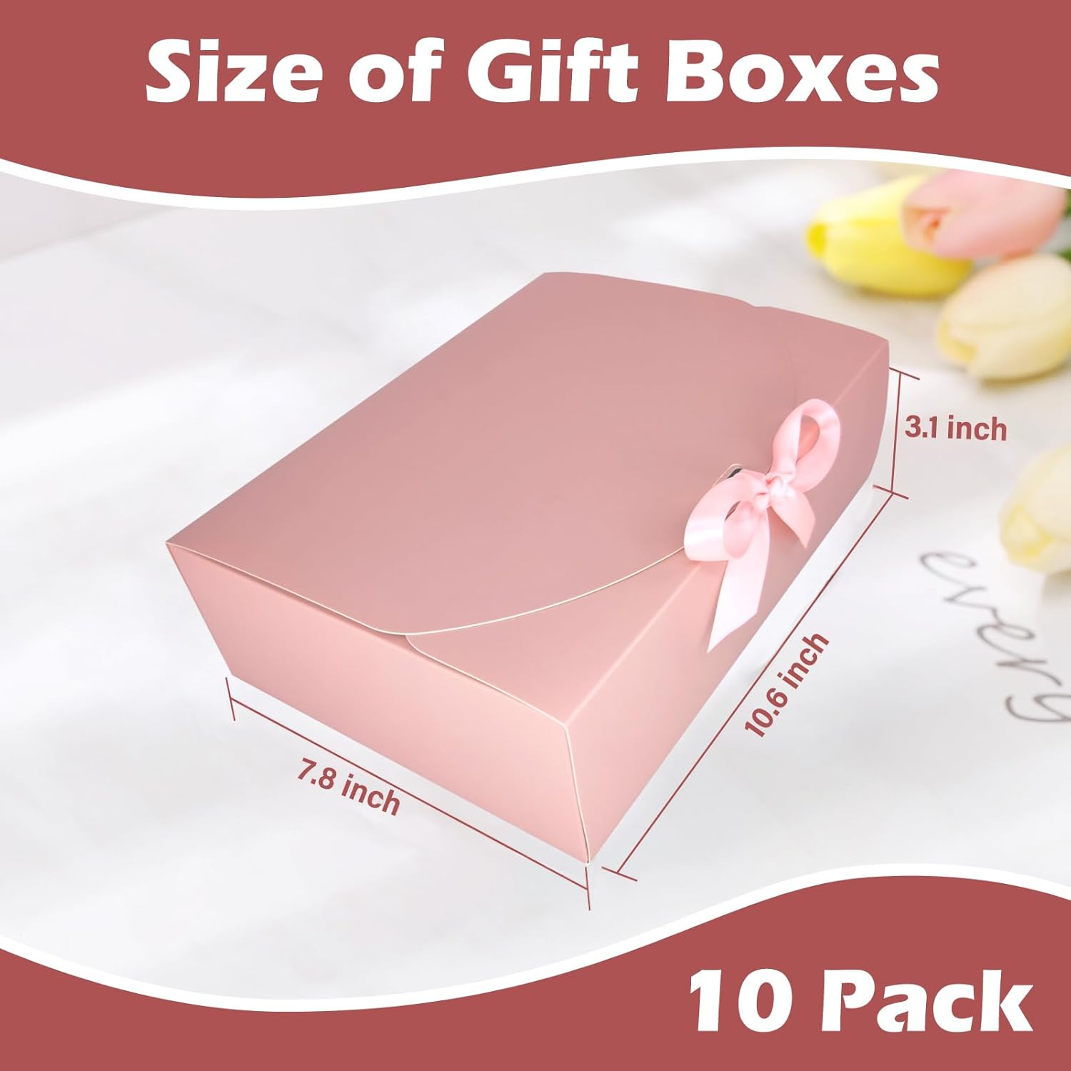 10 PCS Gift Boxes with Lids, 10.6x7.8x3.1 Inch Kraft Paper Gift Box, pink with Ribbon, Bridesmaid Proposal Box for Wedding, Packaging, Present, Birthday, Cupcake - Image 2