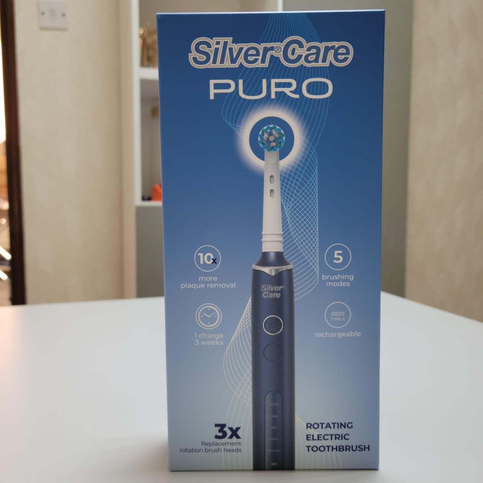 SilverCare Puro Spazzolino Elettrico Rotante 5 Modalità di Spazzolamento 3 Testine di Ricambio Ricaricabile USB-C