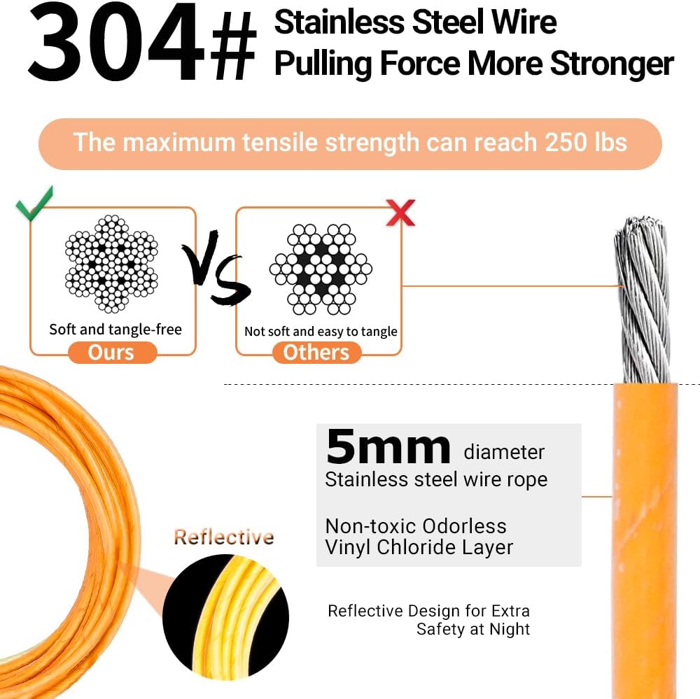 5mm Security Cable Lock with High Reflective Threads, Flexible Steel Safety Cable for Bicycle Motorcycle Luggage, 4FT 7FT 10FT 15FT Double Loop Design (Orange, 2pack-4FT)