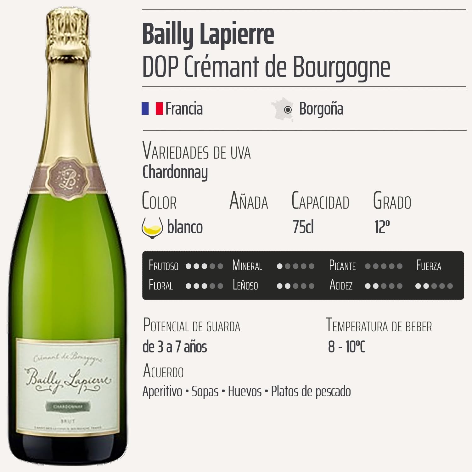 Crémant de Bourgogne blanco - Bailly Lapierre - DOP - Borgoña - Francia - Variedades de uva Chardonnay - 6x75cl