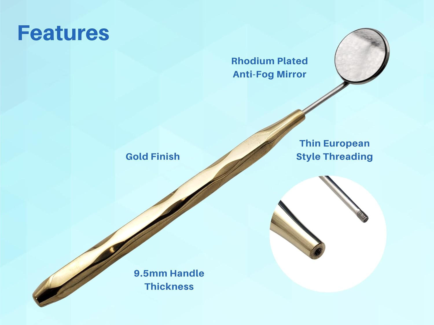 ARTMAN INSTRUMENTS Dental Mirror Set of 5 – Stainless Steel with Gold Plated Handle, Front Surface Rhodium Plasma Coated, European Style Threading, Autoclavable