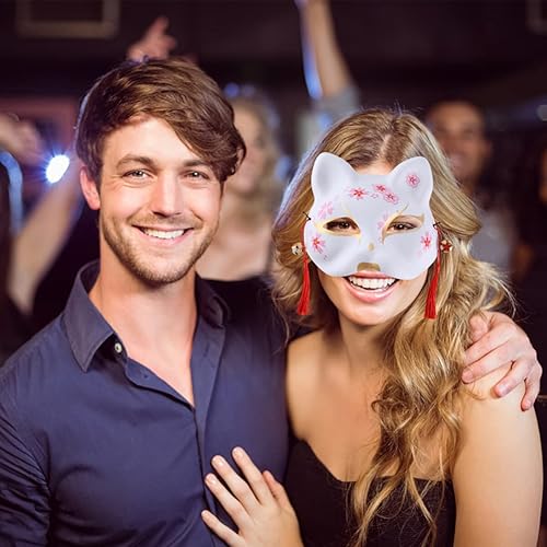 Miniatura 8 de BESTOYARD 2 máscaras de gato Kabuki de animales de Halloween, máscara de zorro japonés, máscara para baile de actuación, maquillaje, regalos de