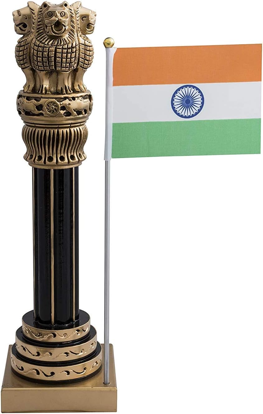 AONA Wooden Ashok Chakra Pillar Showpiece with National Flag Height : 8 inches