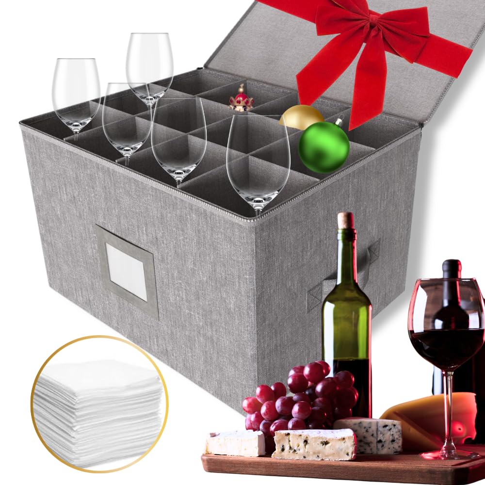 CLH Wine Glass Storage and 12 Foam Pouches, China Storage Containers, Hard Case with Dividers, Moving boxes for Glasses Kitchen storage, Stemware Storage Containers, Stackable