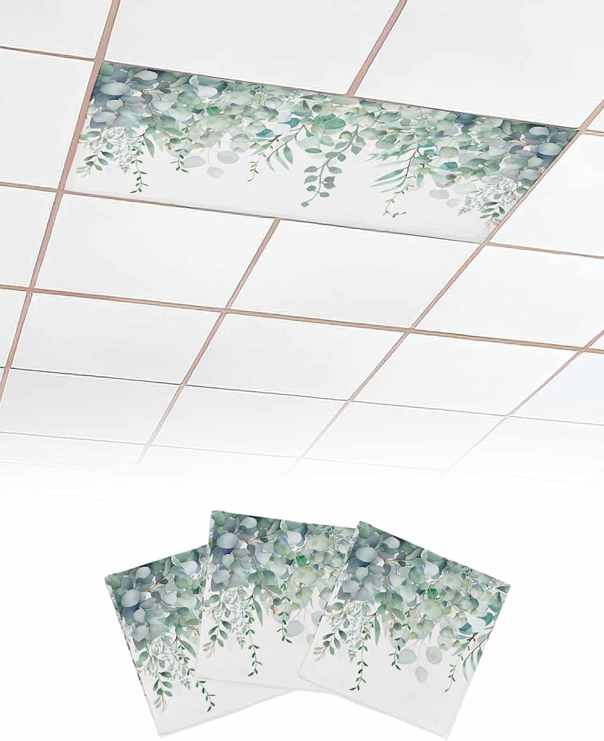 Green Eucalyptus Magnetic Fluorescent Light Covers for Ceiling Lights 2 x 4 Feet,Vintage Botanical Leaves Aesthetic Floral Plant Office Classroom Kitchen Drop Ceiling Light Filter Covers 3 Packs