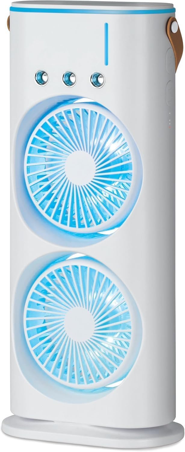 Portable Mini Air Cooler USB Rechargeable Spray Fan Double Head 280ml | Touch & Remote Control, 3 Speed Cooling, LED Light, Misting Fan For Home, Office, Bedroom & Travel-image-38