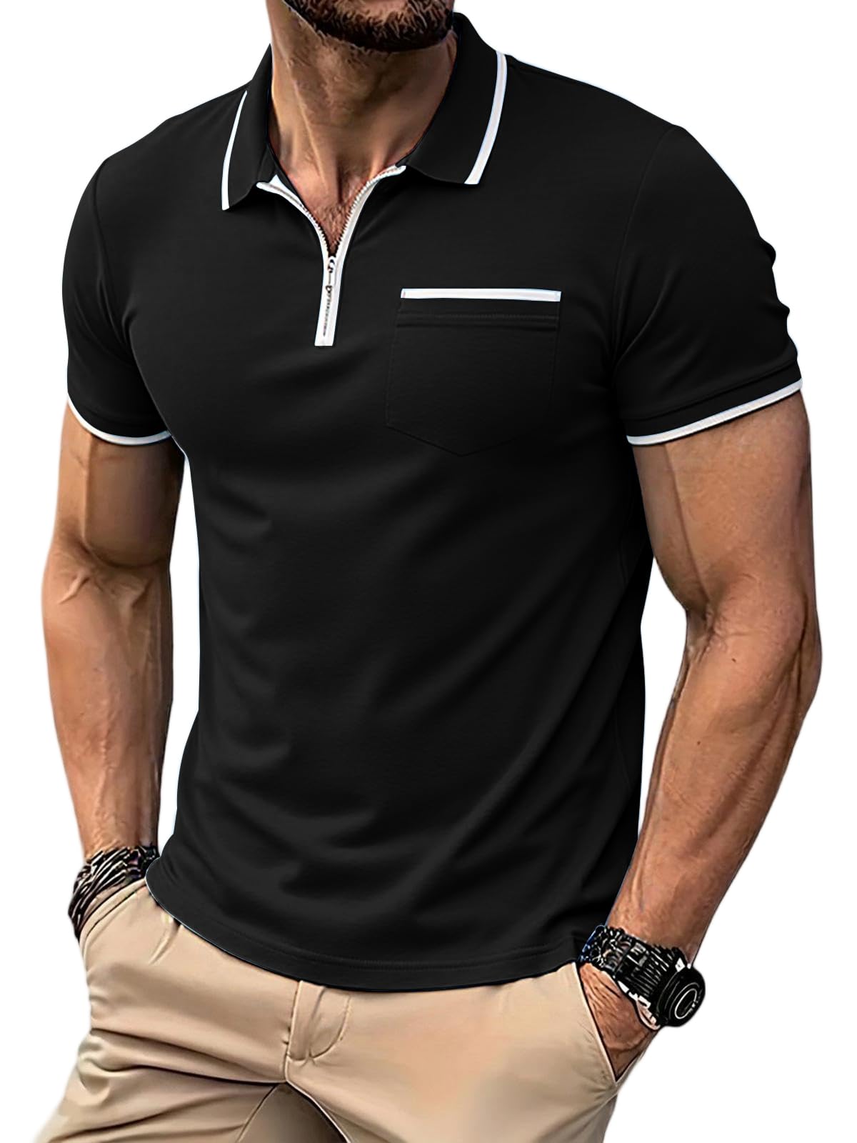 Runcati Herren Poloshirt Kurzarm Sommer Golf T-Shirt Einfarbig Slim Fit Polohemd Männer Casual Tennis Sport Shirt Basic Freizeit Poloshirts mit Reißverschluss