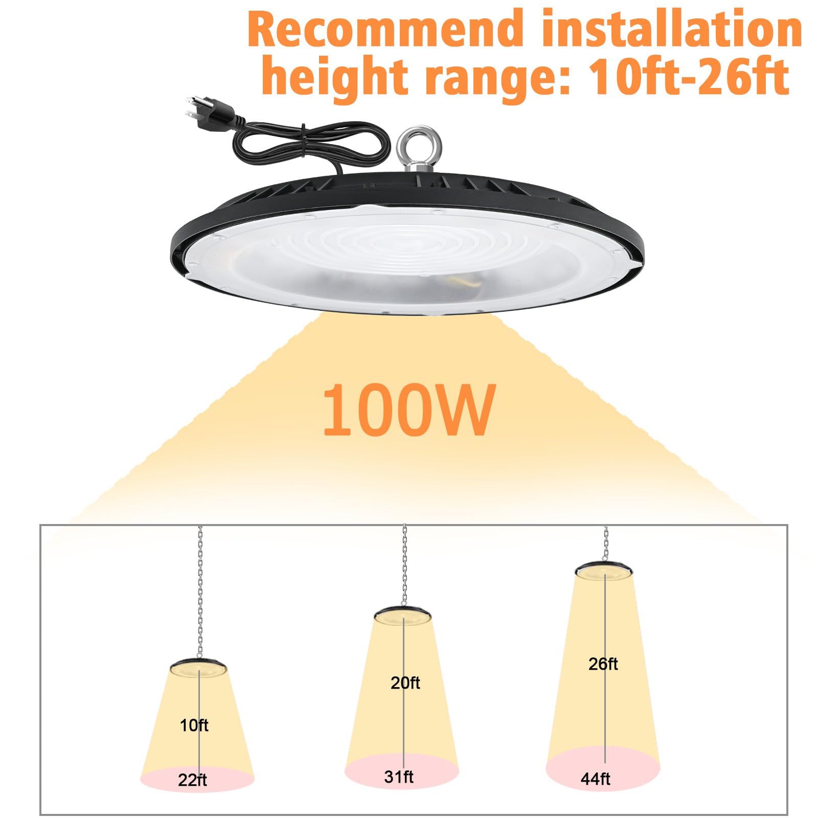 UFO LED High Bay Light 100W 10000LM 5000K Shop Lights for Garage Warehouse Workshop Gym Barn 5Ft Power — view 7