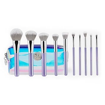 Bh Cosmetics Hello Holo - 10 Piece Brush Set Premium Cosmetic Makeup Brush Set for Foundation Blending Blush Concealer Eye Shadow; Cruelty-Free Synthetic Fiber Bristles; Travel Makeup bag Included; Ch
