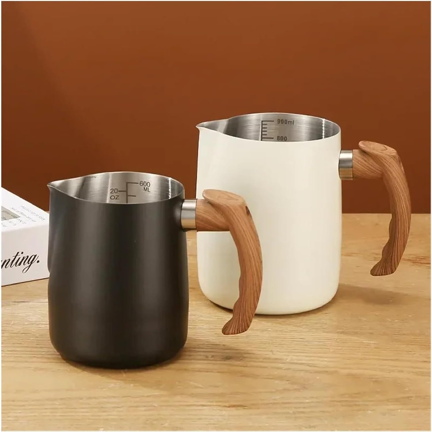 2pcs Stainless Steel Milk Frothing Pitcher Set with Wooden Handle - Precision Scale Latte Art Coffee Mugs (Black)