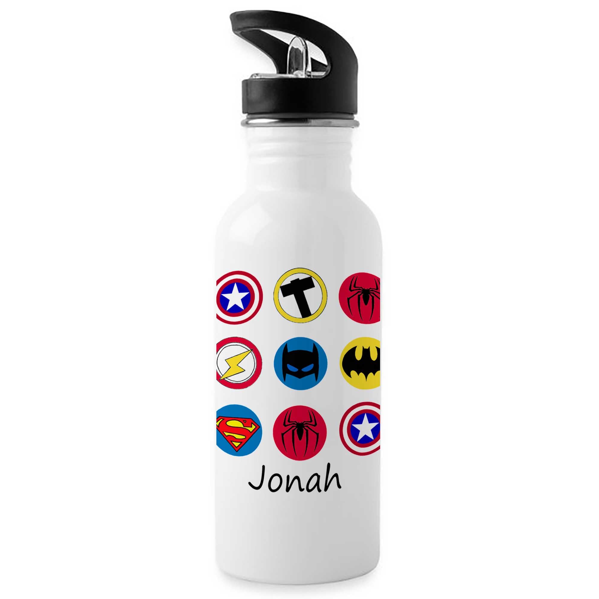 Tigerlilyprints Personalised Boys Water Bottle 500ml with Straw Lid – Custom Name Aluminium Drinks Bottle – Kids School Sports Gym Outdoor Football Design – Birthday Gift for Boys UK (superherologo) — image 1