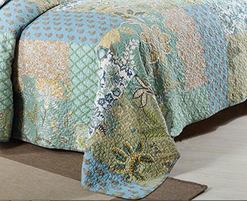 Green Patchwork Quilt Cover Sets King Size, Cotton Quilted Bedspread Sets 3-Piece, 1 Quilt, 2 Pillow Shams (King, Green Patchwork) #TOP6