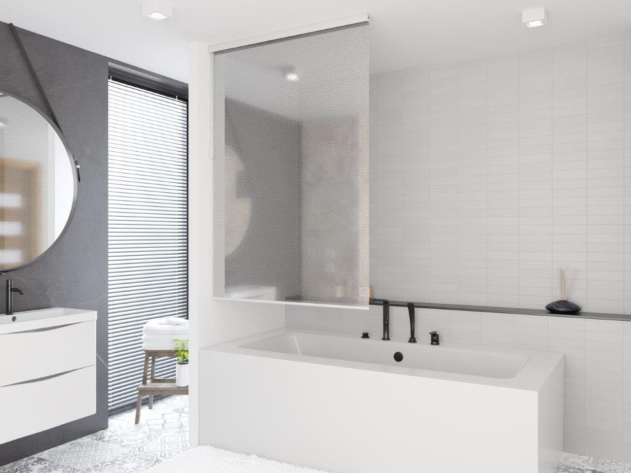 Rideau de douche semi-cassette 14 motifs et 13 largeurs au choix - Noir, vert, blanc, transparent, bleu, gris clair (pierre laiteuse, 170 x 240 cm)