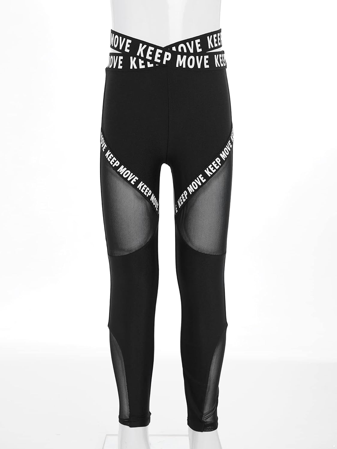 Yhong Kids Girls Mesh Patchwork Leggings with Elastic Letters Printed Cross Waistband Gymnastics Dance Yoga Tights