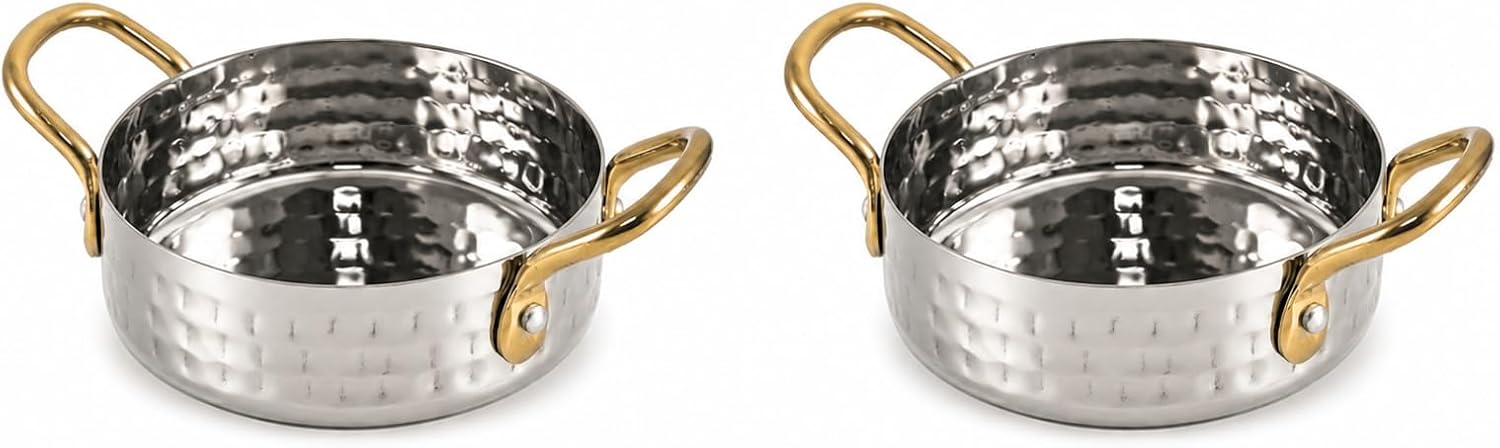 Stainless Steel Pans ideal for Serving Multipurpose Set of 2 Handy serving pans with Steady Handle for Home Kitchen, Restaurant: Brass Finish (10 Cm)
