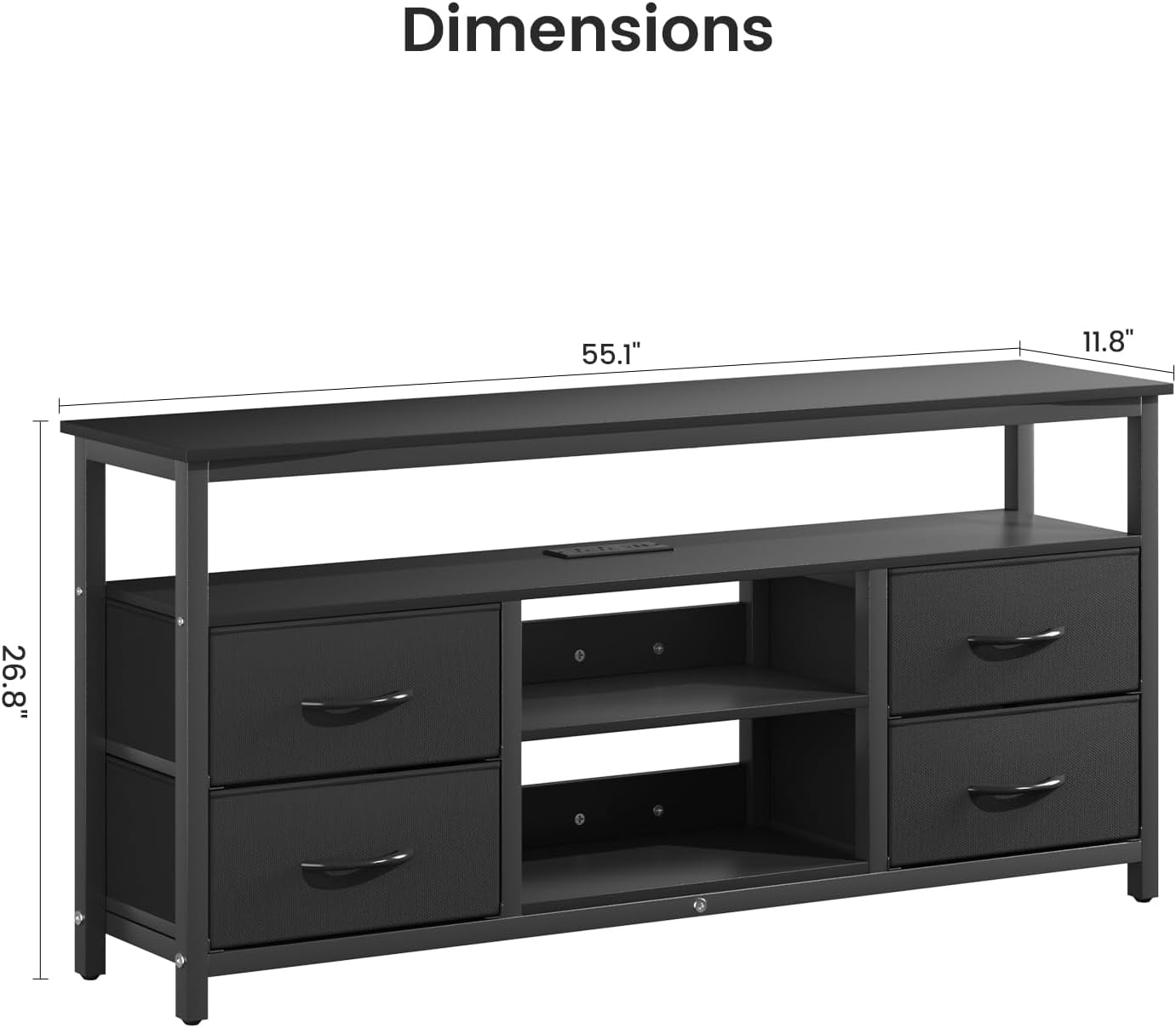 Haewon Black TV Stand for with LED Lights and Power Outlet, Entertainment Center for TVs up to 65 Inches with 4 Fabric Drawers and Open Shelf