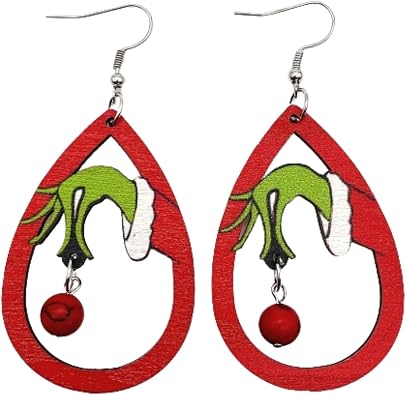 Christmas Earring Handmade Wooden Grinchmas Drop Earring Christmas Teardrop Dangle Earrings New Year Jewelry Xmas Gift for Women