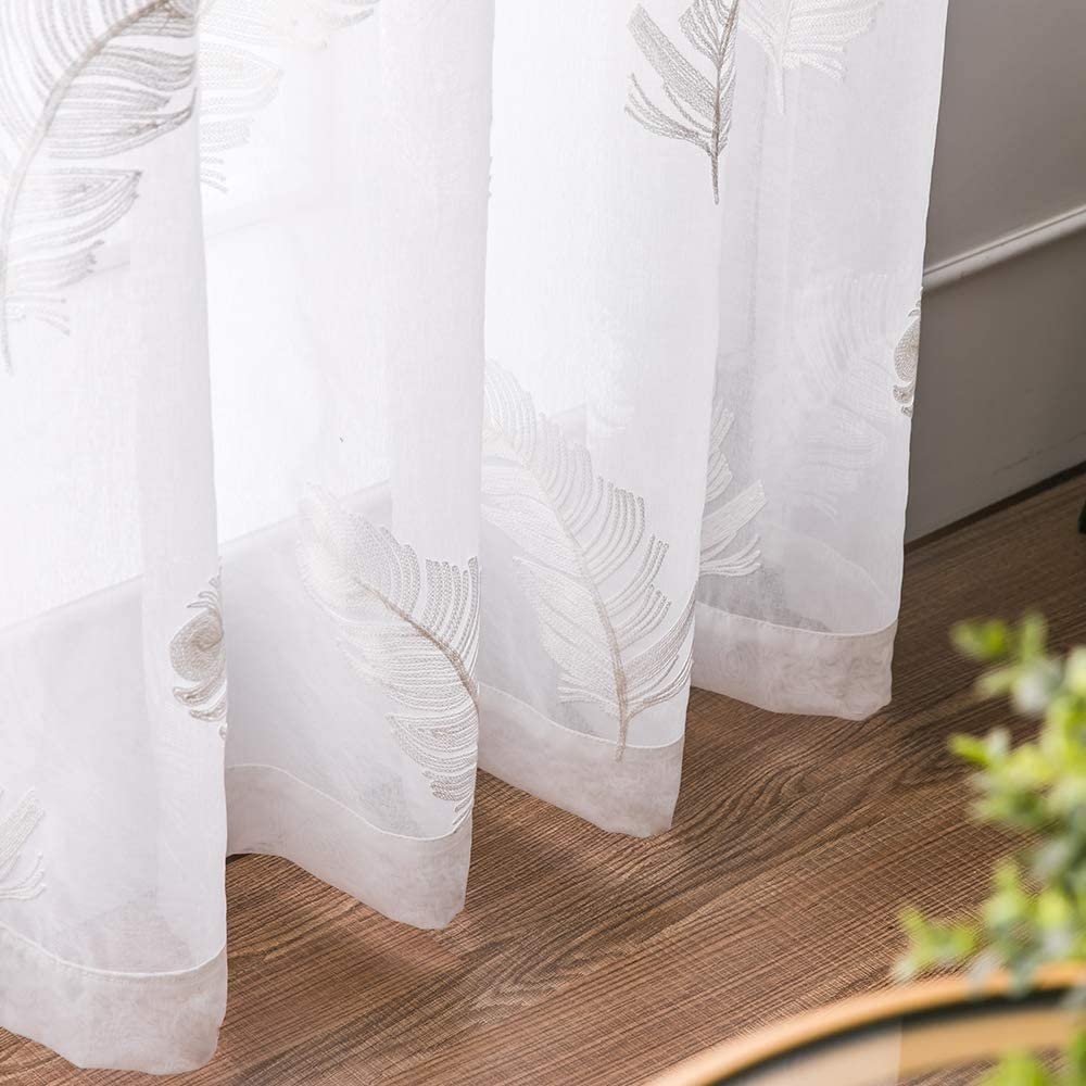 MIULEE Lot de 2 Voilage Fenêtre Broderie Plume Oeillets 140x225cm Blanc | Voilage fenêtre polyester brodé à oeillets, décoration légère adaptée au salon et chambre