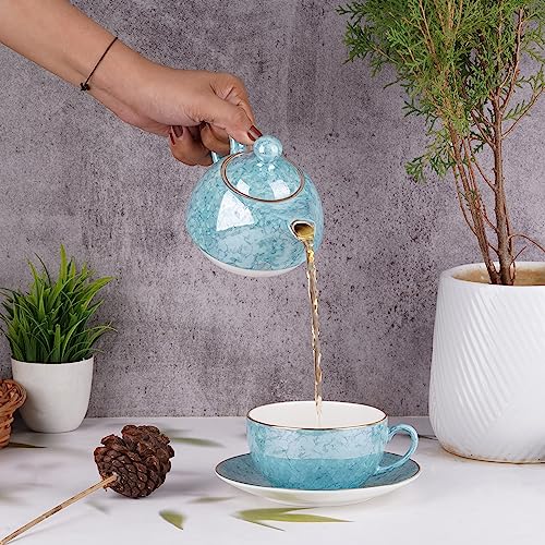 Image of Dandy Lines Tea for One Set in Aqua Gold, Elegant Tea Set with Kettle, Premium Tea Cups and Pot, Bone China, Pack of 4, Microwave & Dishwasher Safe, Great for Hosting & Gifting