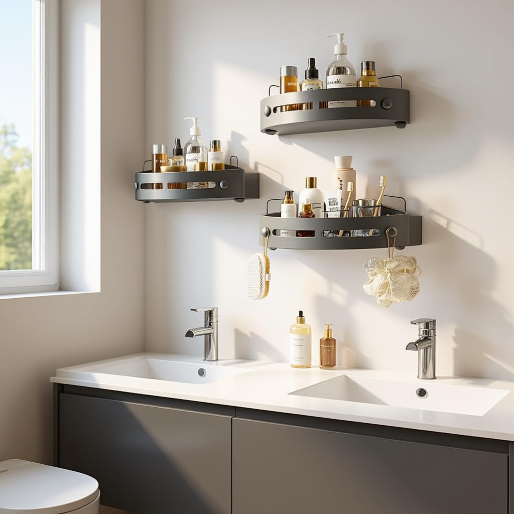 Triangular Bathroom Storage Rack Nail‚ Free Self‚ Adhesive Washbasin/Toilet Wall Shelf ‚ 10kg Capacity, Frosted Plastic, Gun Gray, Wall‚ Mounted Kitchen Organizer Set 2 Pack 3