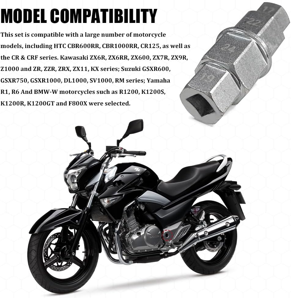 Hex Axle Tool for Motorcycle Front Axle Wheel, Motorcycle Tools, 3/8 Inch 17mm 19mm 22mm 24mm Allen Spindle Socket Driver, Black Spindle Socket Adapter Tool for Most Vehicles (Silver)
