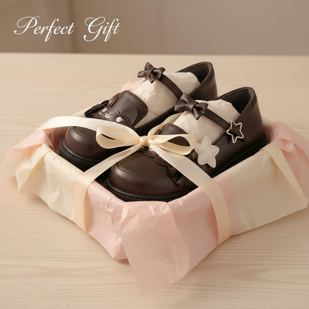 NICO×ASH Women's Kawaii Lolita Mary Jane Chunky Shoes, PU Leather Round Toe Platform Flats with Bowknot Strap for JK Cosplay