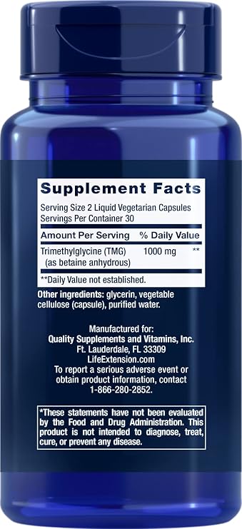Life Extension TMG, trimethylglycine, Encourages Healthy homocysteine Levels, Non-GMO, Gluten-Free, Vegetarian, 60 Capsules | Trimethylglycine (TMG) Helps Maintain Already Normal Homocysteine Levels, Non-GMO, Gluten-Free & Vegetarian Capsules