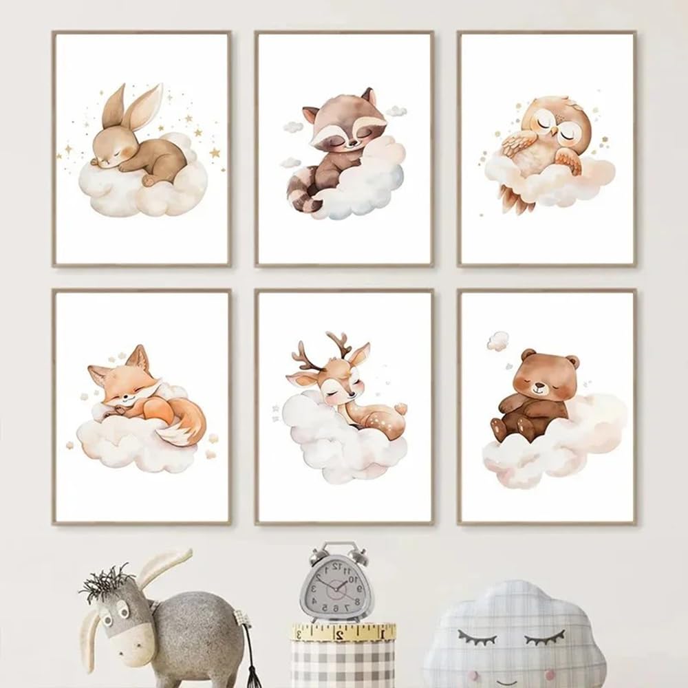 BeiYiHo Tableau Chambre Bebe Biche Nuages 21x30 Affiche Beige Brun Deco Chambre Enfant Theme Nature Poster Bébé Cerf Decoration Murale Fille Cadeau sans Cadre