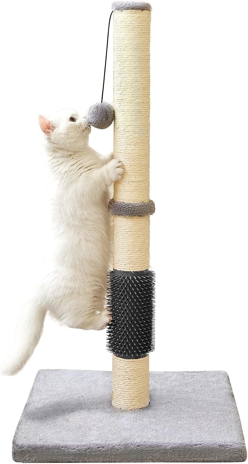 Cat Scratching Post for Indoor Cats,Cat tree with Sisal Rope Durable,Cat Scratcher with Hanging Ball and Mouse Toy (Grey with Massage Brush, 32 inches/80cm Tall)