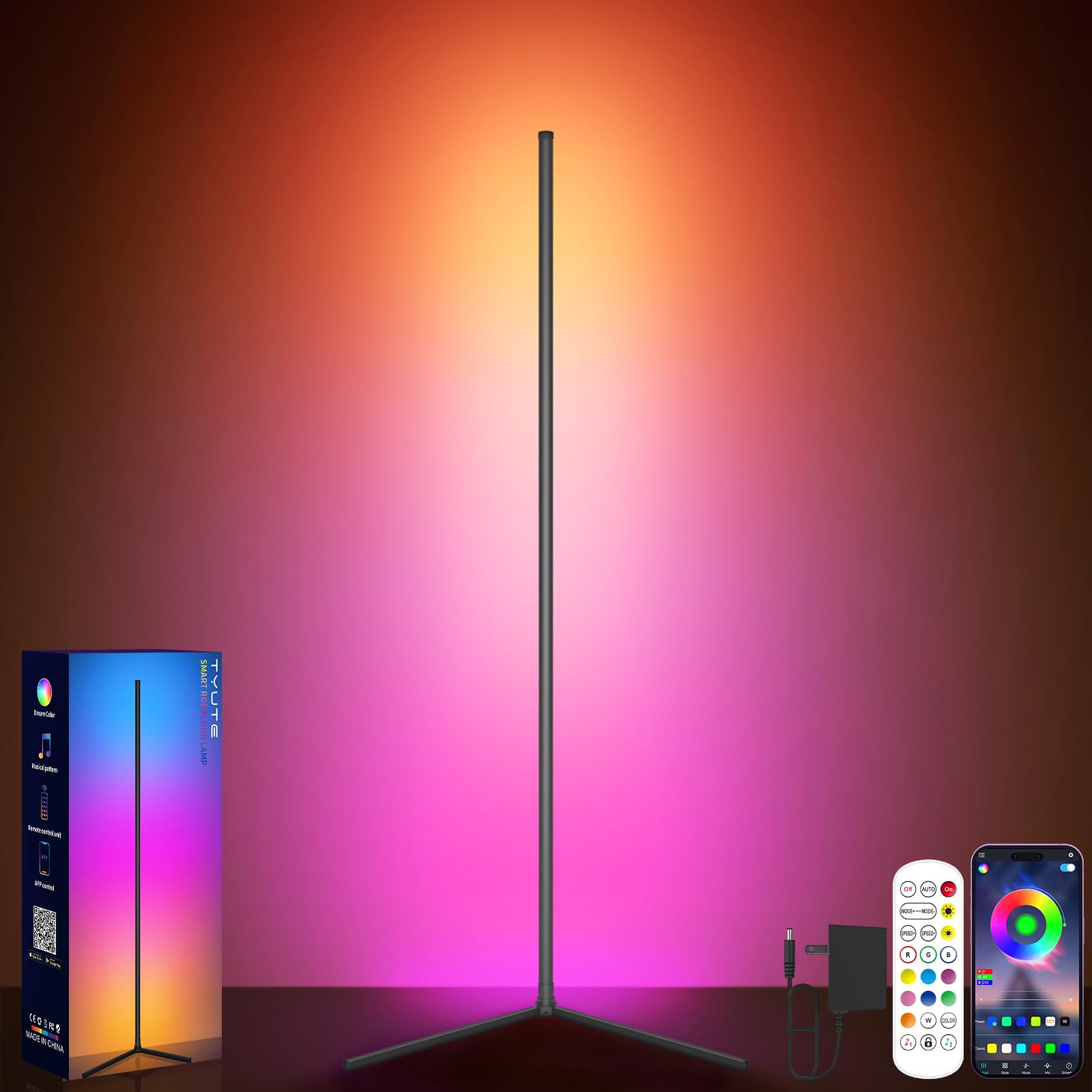 Tyute LED Floor Lamp RGB Corner Light with Smart App Remote Control Music Sync Mood Lighting Color Changing Standing Lamp 16 Million Colors
