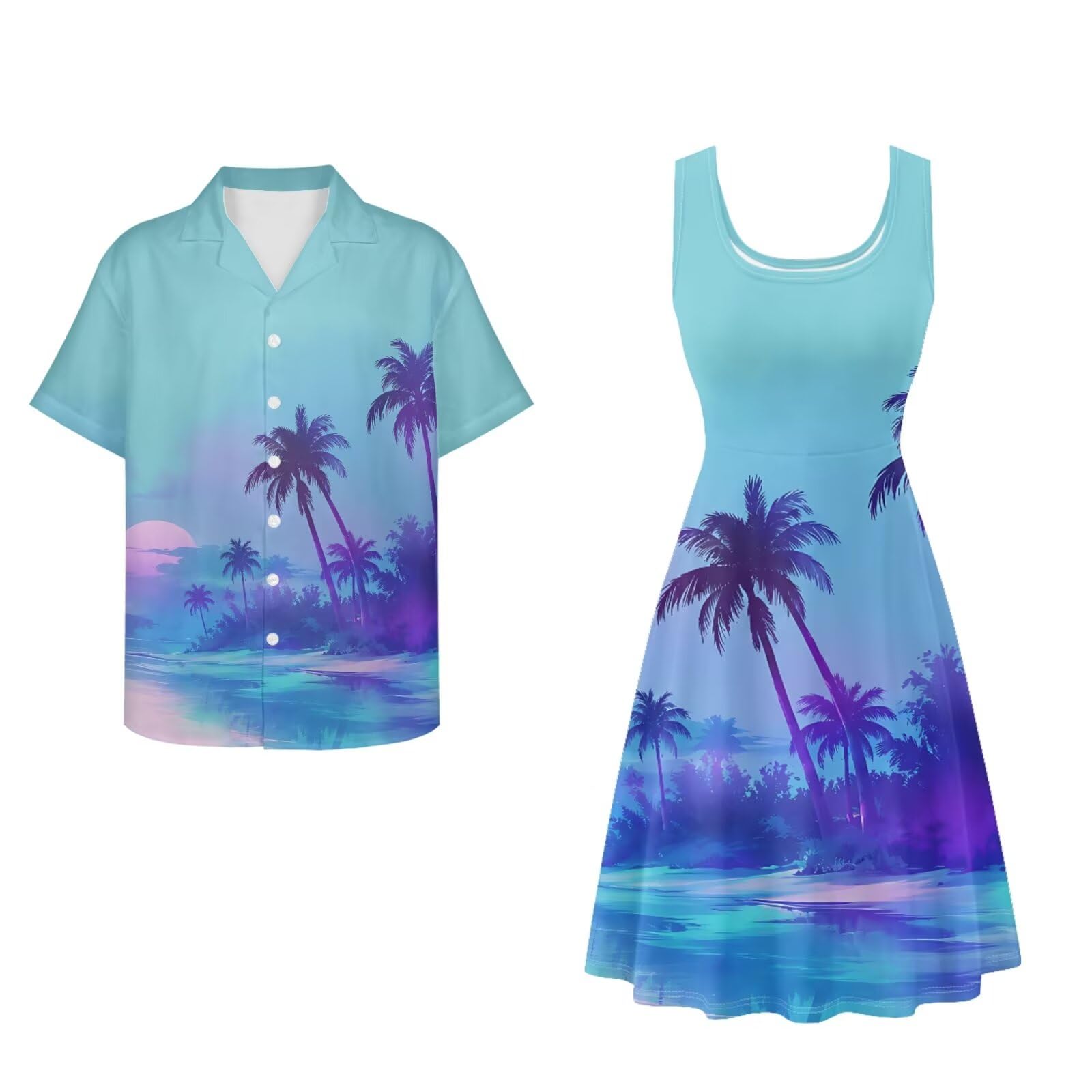 Dreaweet Summer Dresses for Women A-Line Sleeveless Flowy Sun Dresses,Men's Casual Button-Down Shirts,Couple Matching Outfits
