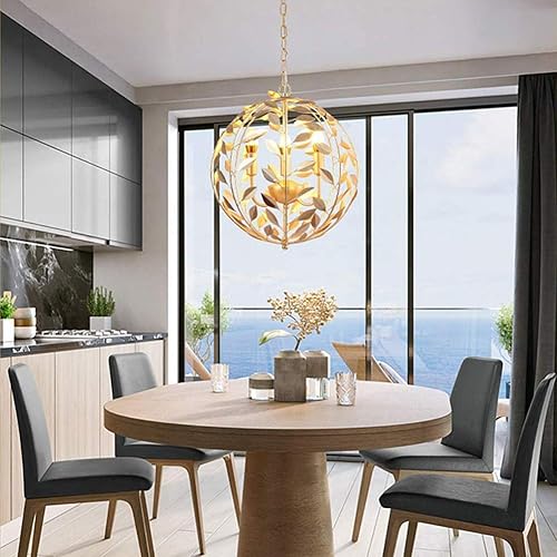 Miniatura 4 de Lámpara de techo moderna de 3 luces de bola dorada de hierro forjado, lámpara colgante de hoja E14, diseño artístico para dormitorio, comedor,