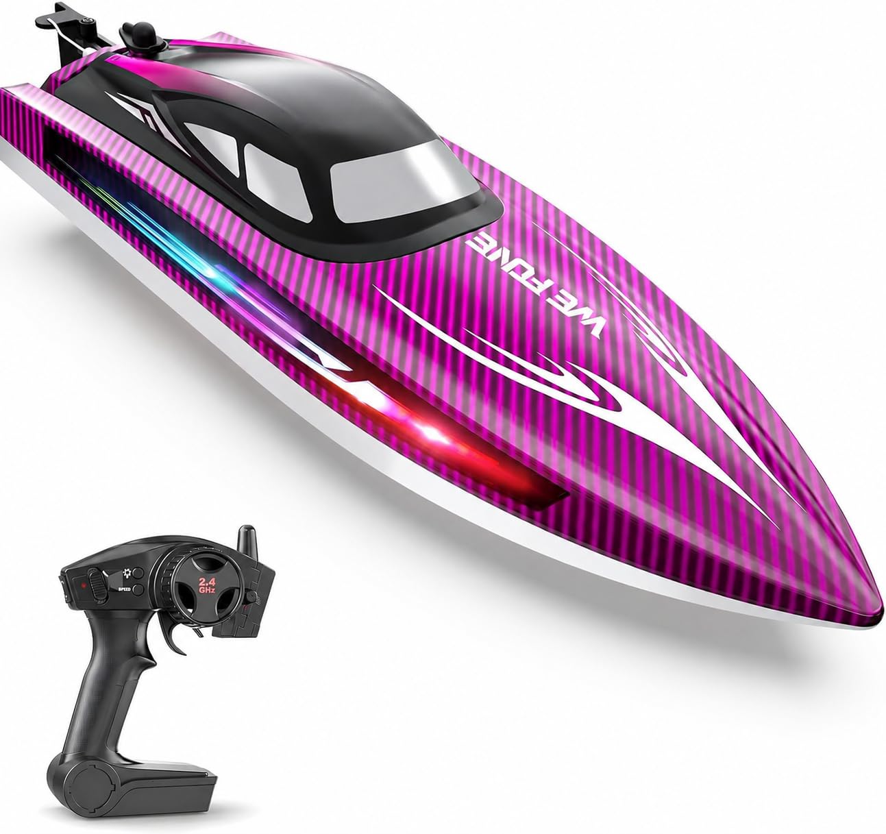WeFone Barco RC de Alta Velocidad para Niños y Adultos, Más de 15 mph, Lancha Teledirigida con Luces LED, Autoenderezable, Modo Demo, Impermeable, Piscinas y Lagos, 2 Baterías 40 Min, Morado
