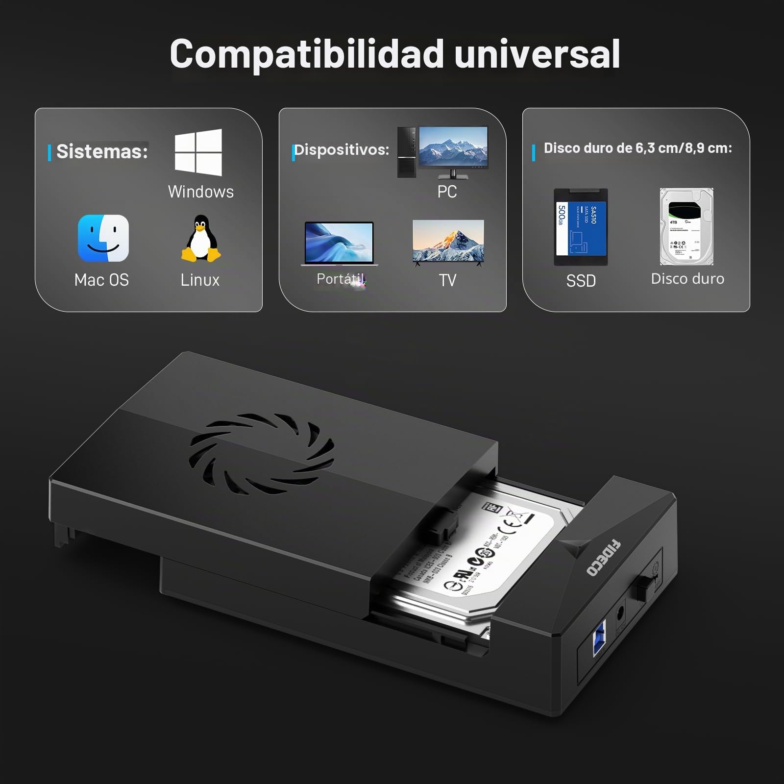 FIDECO Caja Disco Duro 3.5", USB 3.0 Carcasa Disco Duro, Caja Externa para Disco Duro de SATA de 2,5" o 3,5", Compatible con UASP