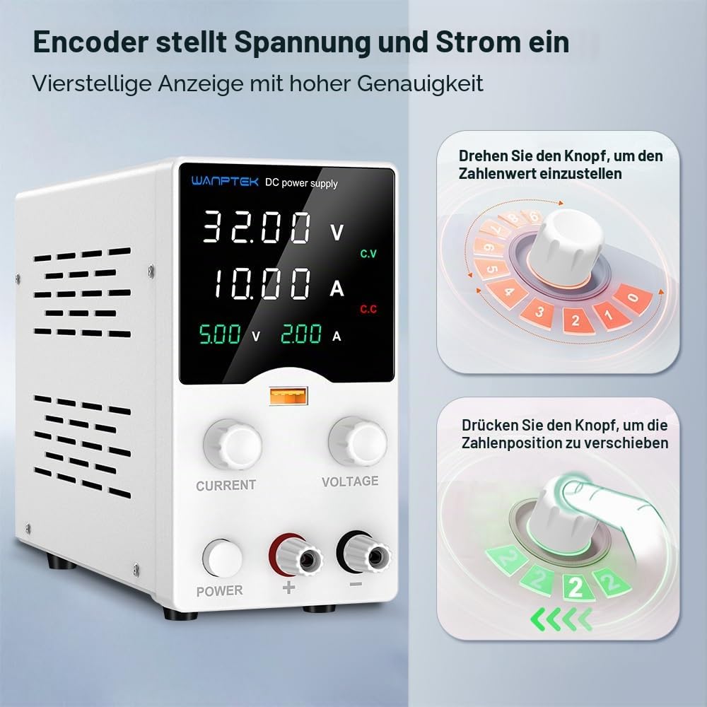 Labornetzteil 30V 10A Labornetzgerät mit 4 Stelliger LED-Anzeige Einstellbares Schaltnetzteil Geberknopf DC Regelbar Netzgerät mit USB-Schnellladung