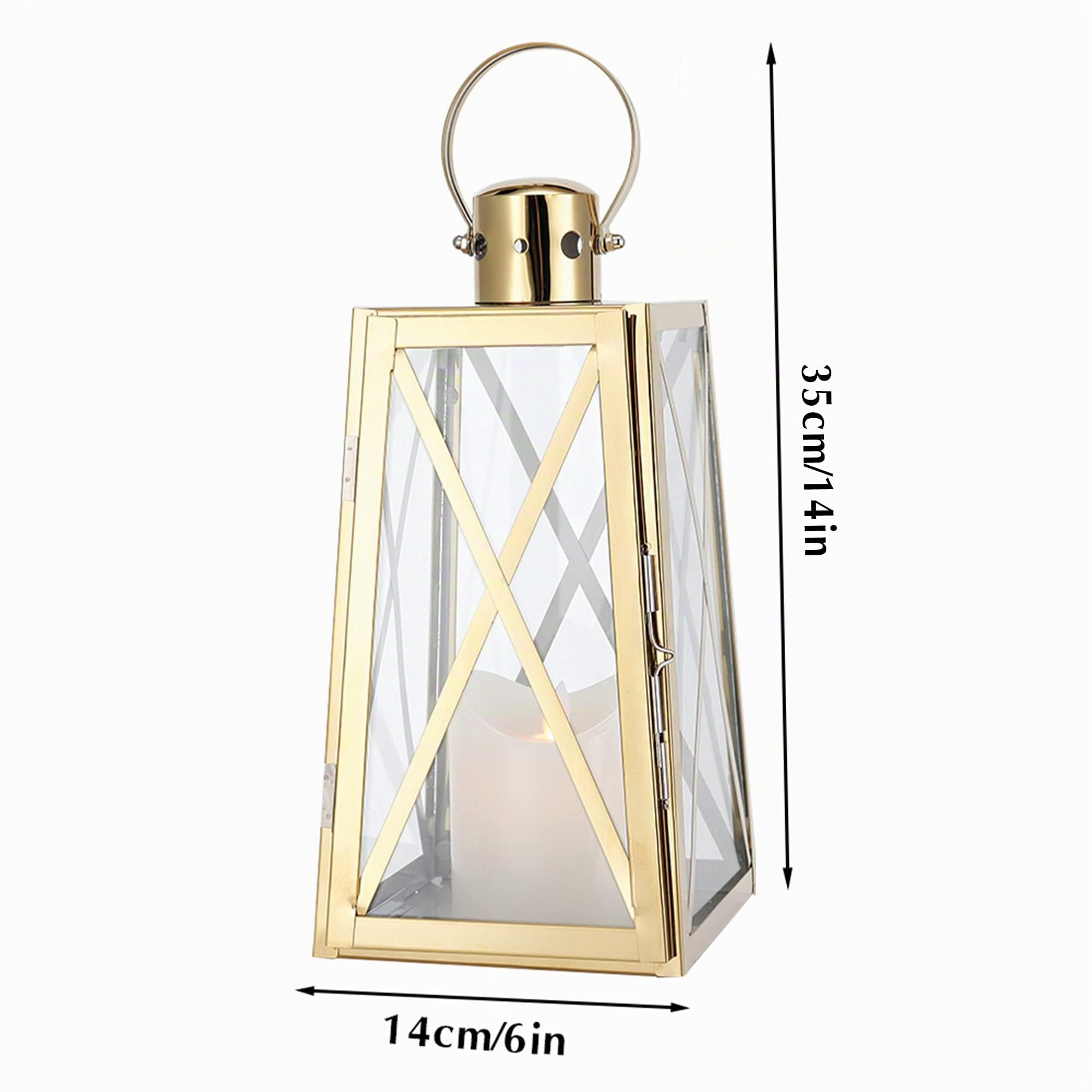 TRIROCKS Farol Decorativo de Acero Inoxidable 30cm Alto, Soporte para Vela con Vidrio Templado, Ideal para Decoración de Sala y Eventos (Dorado)