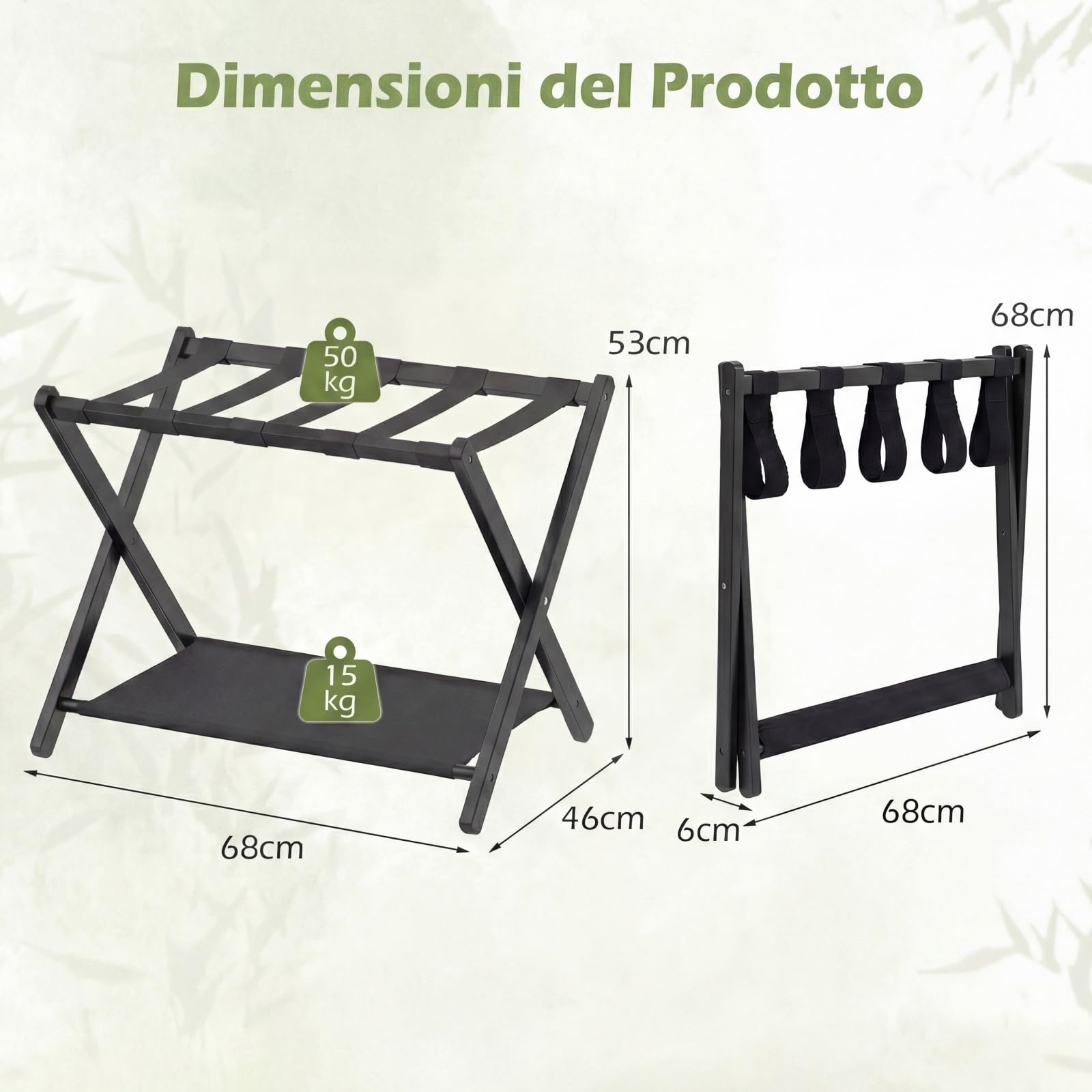 COSTWAY 2 Pz Portavaligia Pieghevole in Bamboo con Cinghie, Tessuto Oxford, Portata 65 kg, Nero