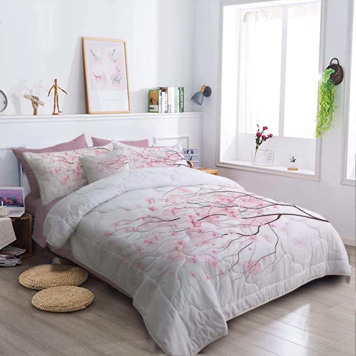 BlessLiving Spring Floral Comforter Set, 8 Pieces Bed in a Bag, Pink Sakura Cherry Flower Bedding Sets, Lightweight Comforter Set for Full Bed (Comforter, Sheets, Pillowcases, Shams & Cushion Cover)