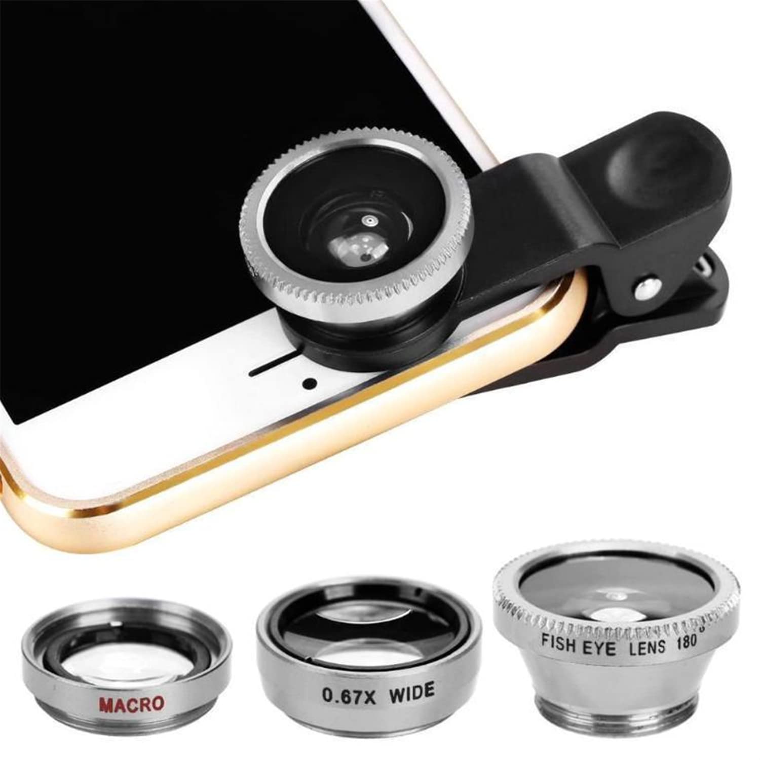 3in1 Fisheye Phone Lens 0.67X Wide Angle Zoom Fish Eye Macro Lenses Camera Kits With Clip Lens On The Phone For Smartphone (Sliver)