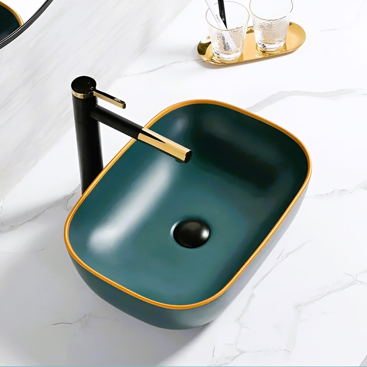 OSOSAM Ceramic Countertop Wash Basin | Designer Table Top Bathroom Basin Sink | Vessel Sink Wash Basin Over Counter for Hotel, Home Living Room (18 x 13 x 5.5 Inch, Green Golden Line, Matte Finish) (B0CFBDXDP6) Amazon Price History, Amazon Price Tracker