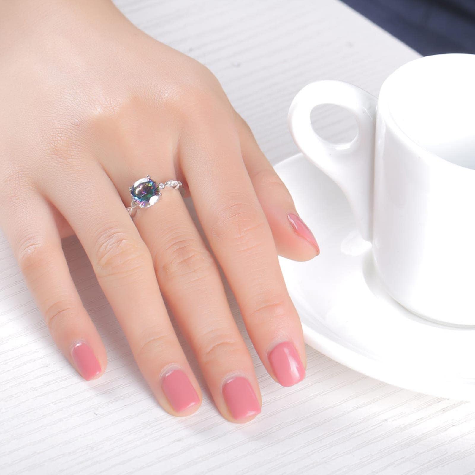 Anelli di Topazio Mistico con Fuoco Arcobaleno Genuino Romantico Anelli di Fidanzamento con Gioielli in Argento Sterling Massiccio 925 per Gioielli da Donna