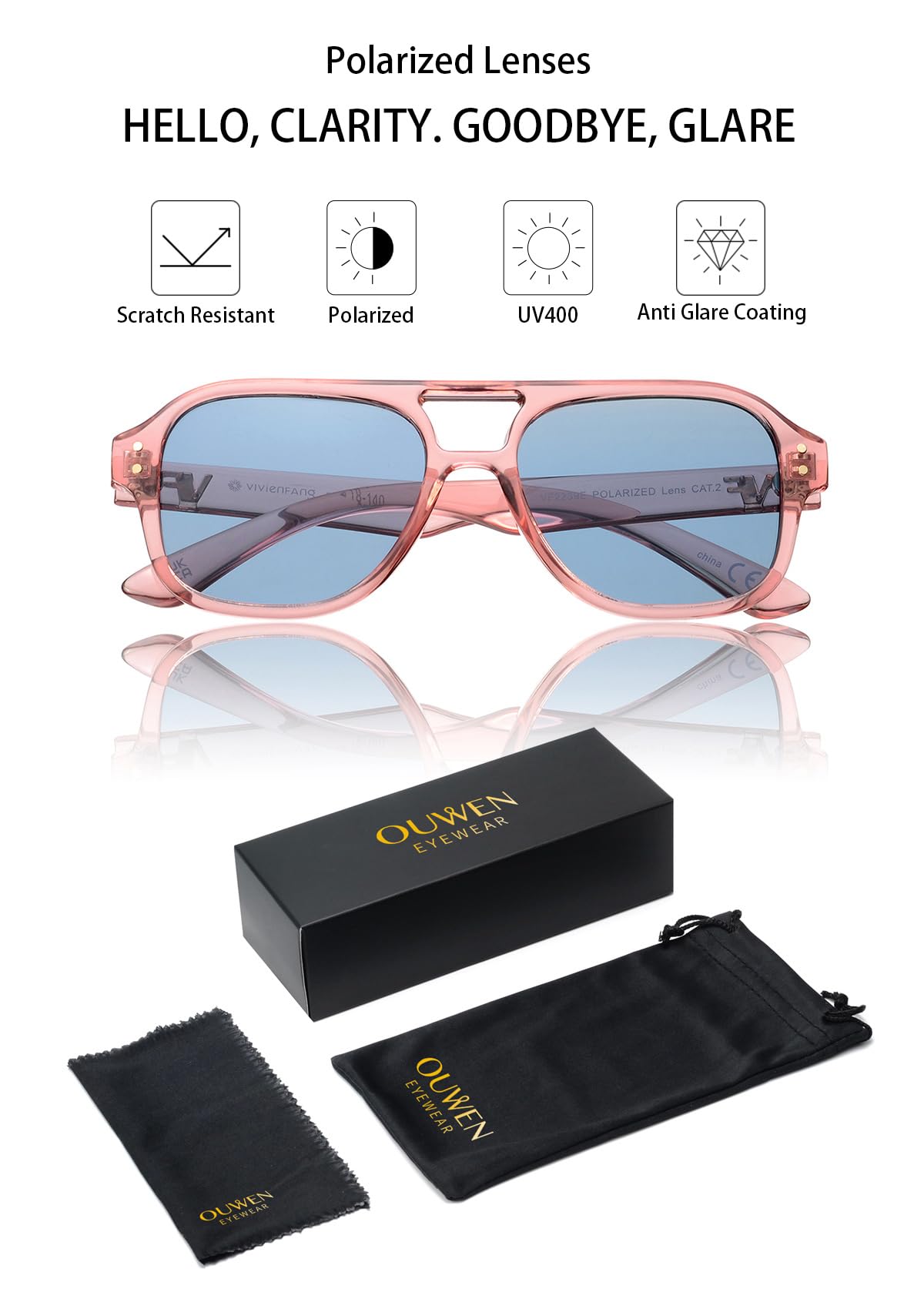 OUWEN Polarisierte, quadratische Piloten-Sonnenbrille für Damen und Herren, trendige, rechteckige Designer-Sonnenbrille, 70er-Jahre-Sonnenbrille, OW2239
