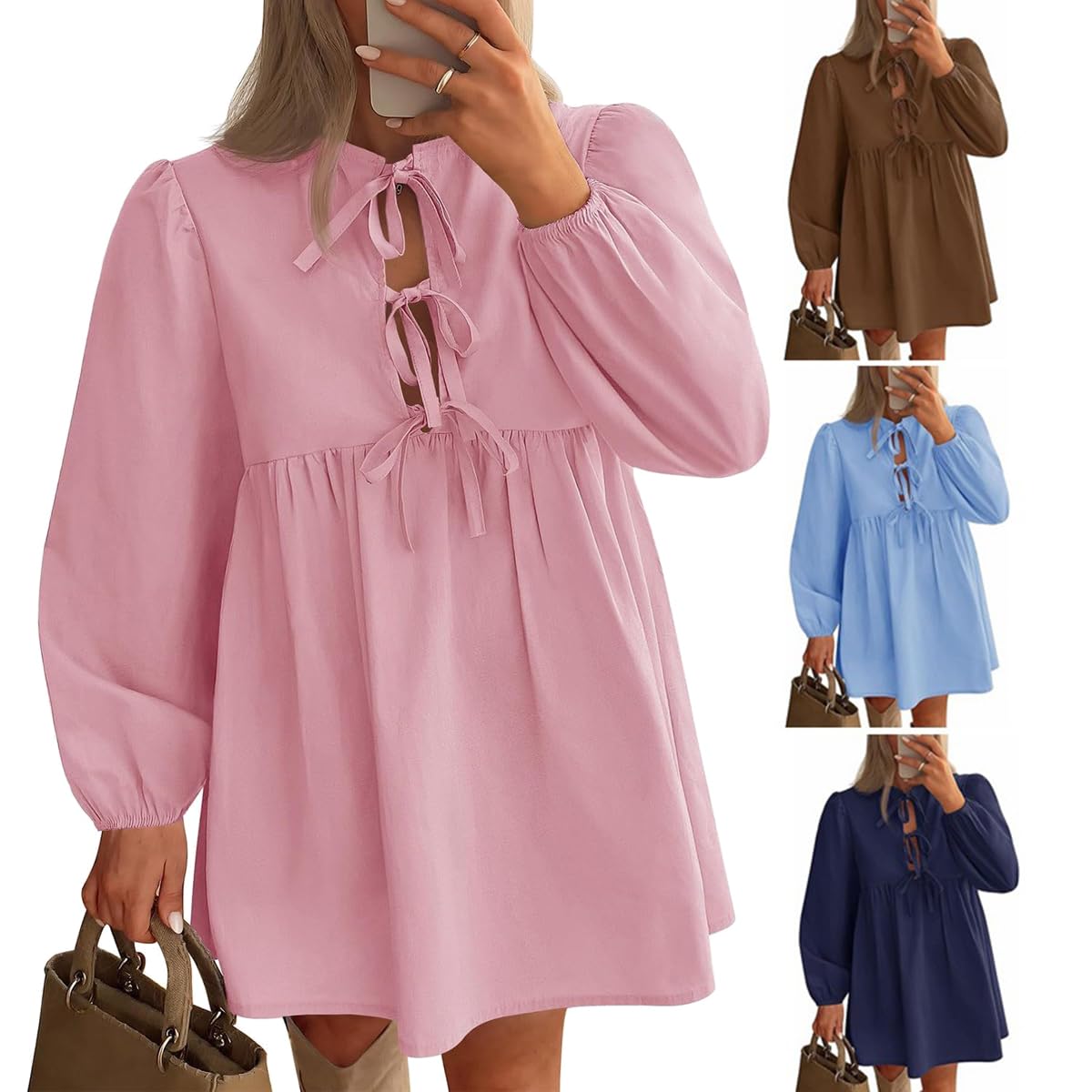 Robe Mini péplum à Manches Longues Bouffantes et nœud Papillon sur Le Devant pour Femme, Robes d'automne,Robe Courte à Volants en Ligne A, Robe Tunique Fluide Mignonne (Pink,L)