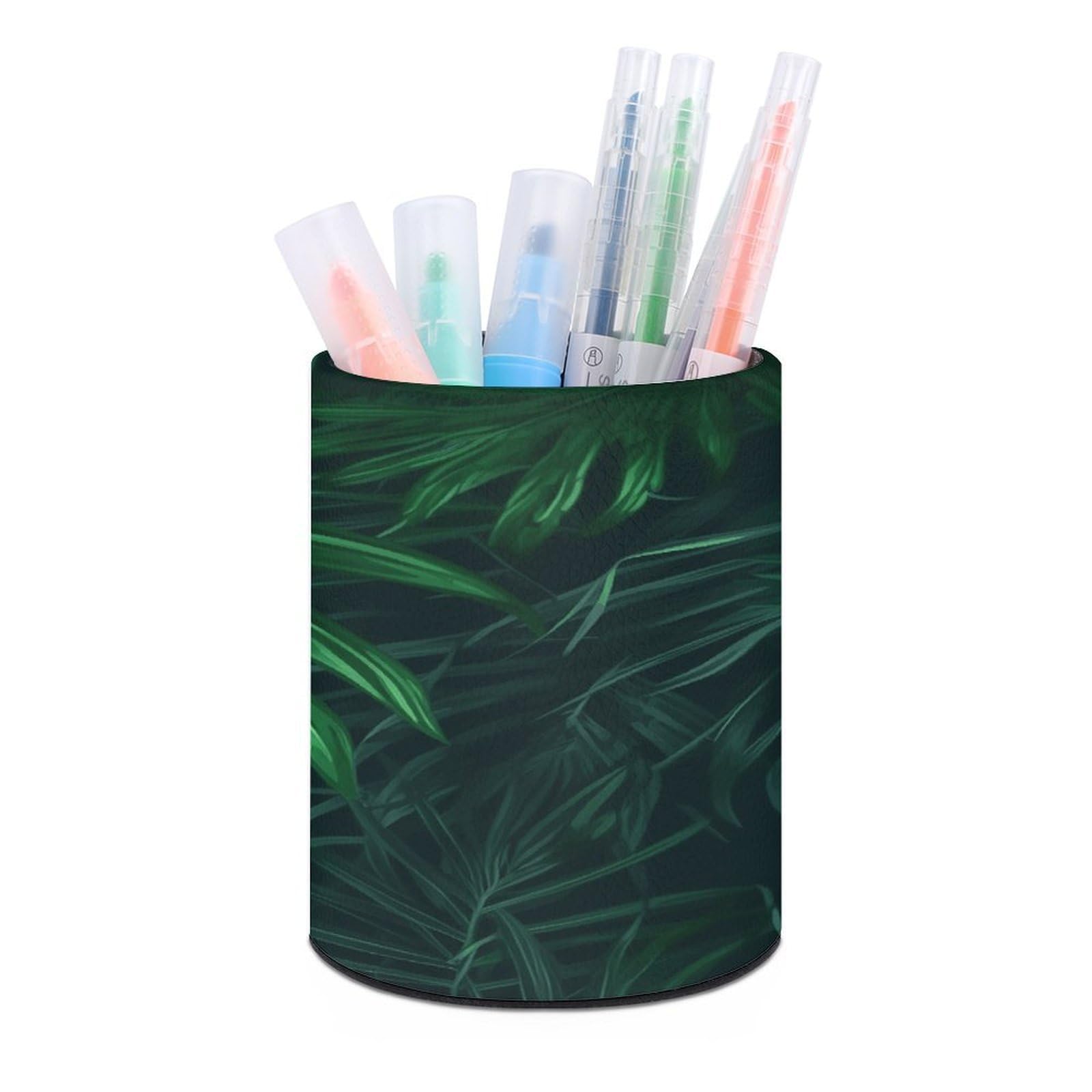 VstaDank Green Tropical Jungle Plant Pen Holder PU Leather Pencil Cup Minimalist Desk Pencil Holder Round Make Up Brush Organizers For Office Dorm Room&Vanity Desk Accessories