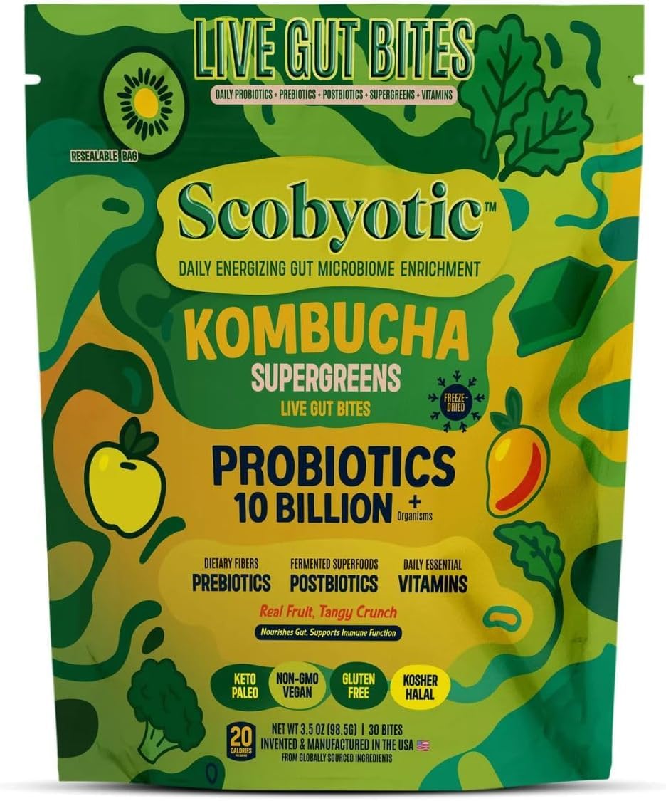 Scobyotic Suplemento de probióticos com prebióticos, pós-bióticos, kombucha e superverdes, 10 bilhões de UFC, 30 mordidas