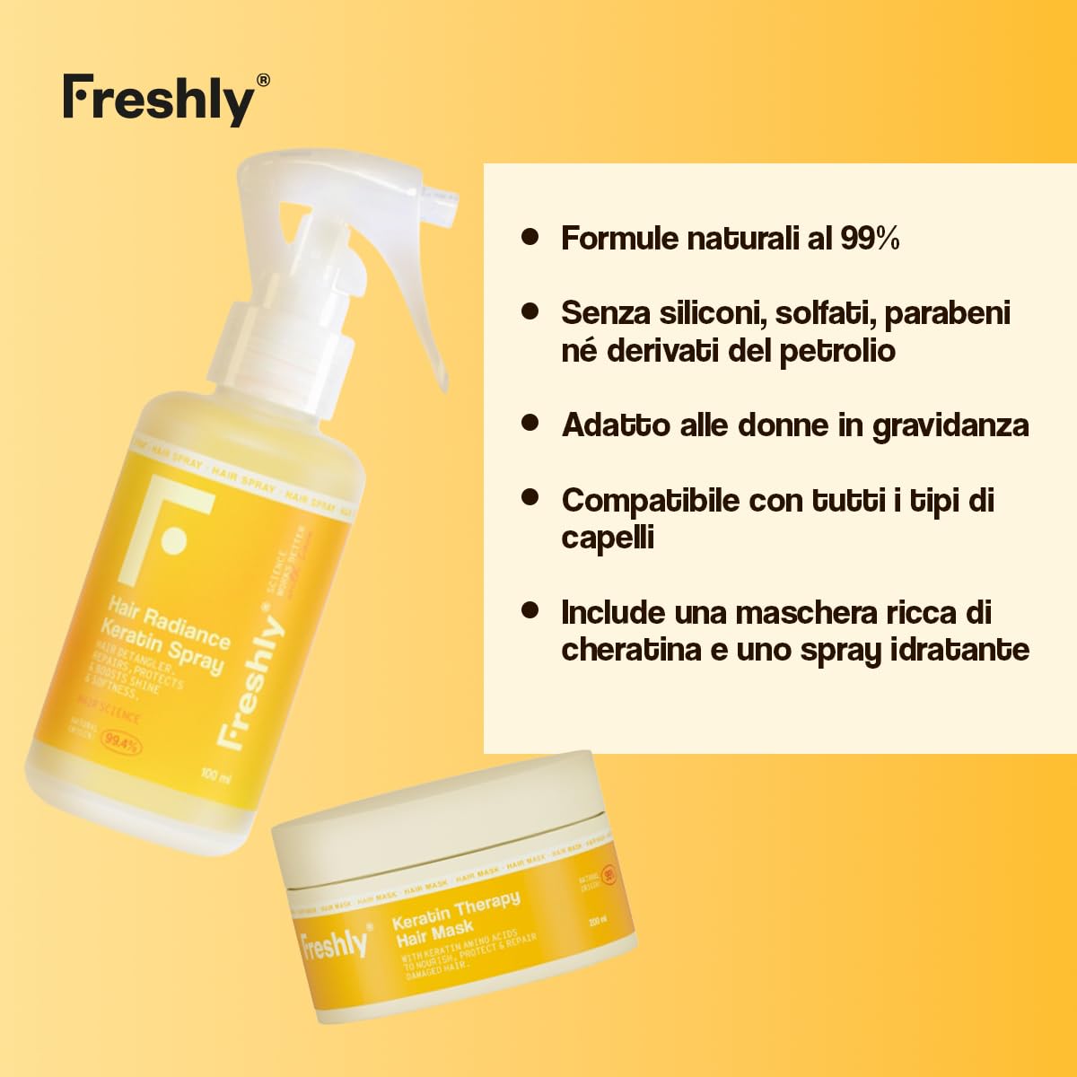 Freshly - Keratin Strength & Repair Pack – Routine Capillare Naturale per Capelli Danneggiati – Maschera Riparatrice + Spray Districante – Con Cheratina Vegana Biomimetica – 99% Naturale