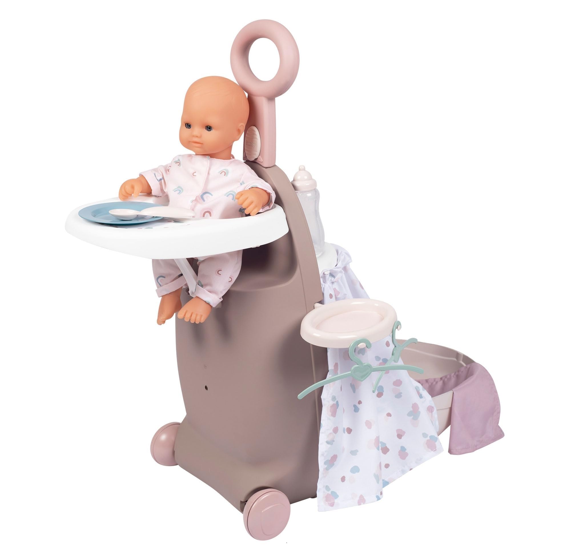 SMOBY Trolley Baby Nurse 3 en 1: Maleta + Trona + Cuna, para Muñecos Bebé de hasta 42 cm (7600220374), Multicolor