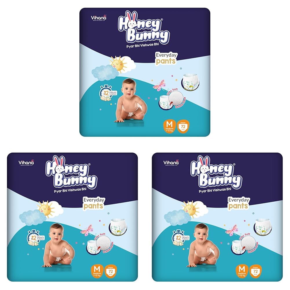 Honey Bunny Everyday Baby Diapers Pants | Medium (M), 72 Count, 7-12 kg | Silky Soft on Skin, Bubble Layer | 12 Hours Protection Baby Diaper (Pack of 3)-image-26